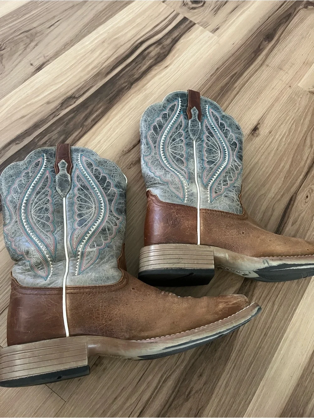 Ariat Women's Brown Blue Leather Western Boots Square Toe Pull On Mid-Calf 7b